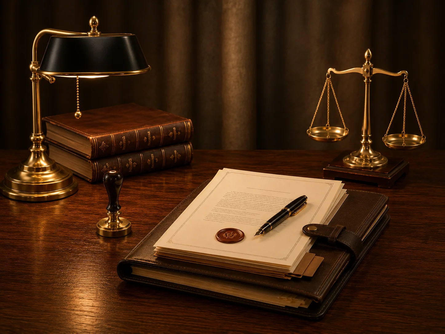 Mesa jurídica con documentos, balanza y elementos asociados a la gestión hereditaria
