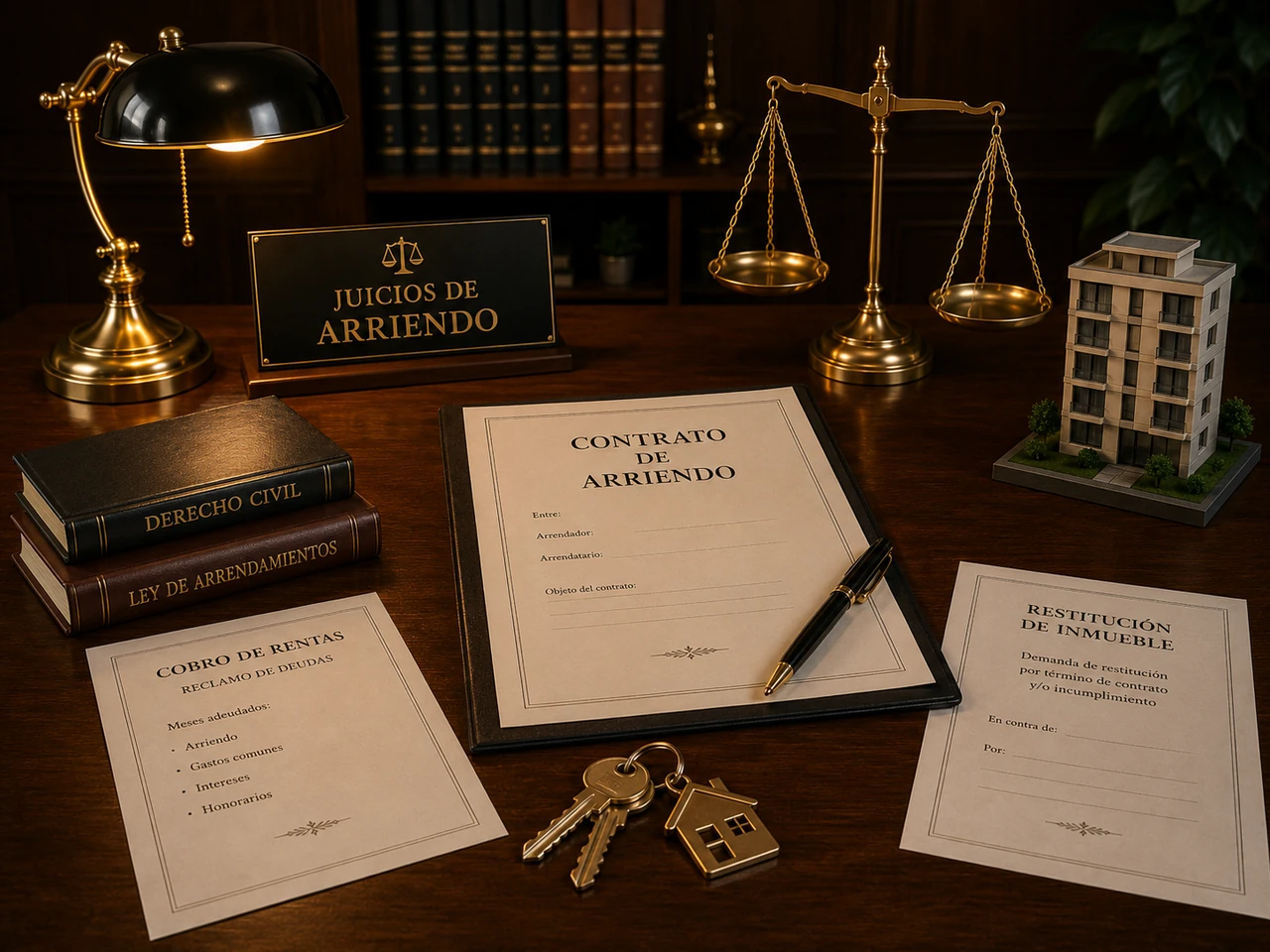 Escritorio jurídico con contrato de arriendo, llaves y documentos de restitución de inmueble