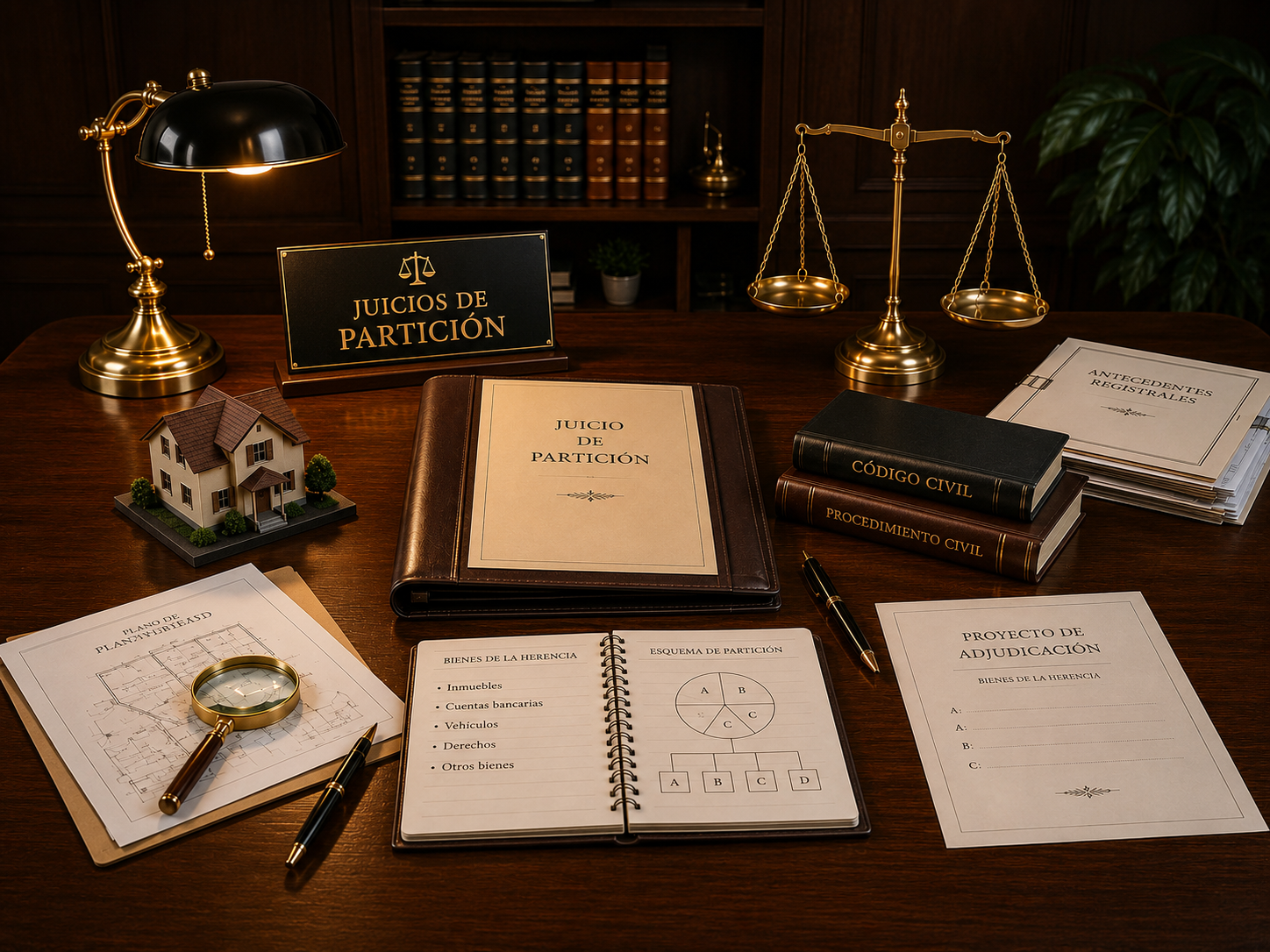 Escritorio jurídico con expediente de juicio de partición, antecedentes registrales y balanza